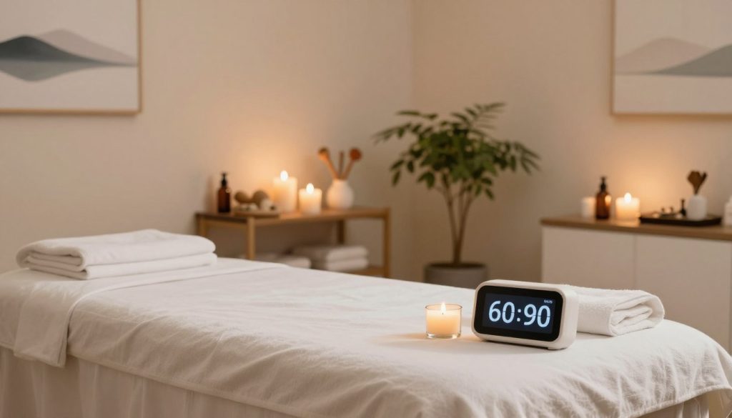 A serene massage therapy room, bathed in soft, warm lighting. In the foreground, a luxurious massage table is elegantly arranged with fresh white linens and soothing aromatherapy oils beside it. On the table, a timer shows a duration of 60 to 90 minutes, symbolizing the importance of session length. In the middle ground, shelves display neatly organized massage tools and calming candles, while a peaceful indoor plant adds a touch of nature. The background features a softly painted wall with minimalist artwork of serene landscapes, enhancing the tranquil atmosphere. The overall mood is inviting and peaceful, perfect for creating a sense of relaxation and well-being.