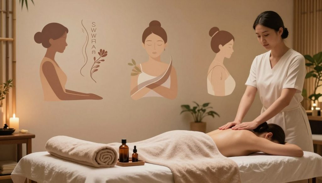 A serene wellness environment showcasing different types of massage techniques: in the foreground, an elegantly arranged massage table with soft, plush towels and aromatic oils. In the middle ground, abstract representations of various massage styles, such as Swedish, deep tissue, and aromatherapy, depicted through gentle, flowing lines and subtle colors that suggest relaxation and healing. The background features a calming spa atmosphere with soft, ambient lighting, bamboo accents, and plants that enhance tranquility. A warm, inviting color palette of earth tones creates a peaceful mood. The composition captures the essence of self-care and health, inviting viewers to explore their personal wellness journey without the inclusion of any human subjects or text elements. A serene wellness environment showcasing different types of massage techniques: in the foreground, an elegantly arranged massage table with soft, plush towels and aromatic oils. In the middle ground, abstract representations of various massage styles, such as Swedish, deep tissue, and aromatherapy, depicted through gentle, flowing lines and subtle colors that suggest relaxation and healing. The background features a calming spa atmosphere with soft, ambient lighting, bamboo accents, and plants that enhance tranquility. A warm, inviting color palette of earth tones creates a peaceful mood. The composition captures the essence of self-care and health, inviting viewers to explore their personal wellness journey without the inclusion of any human subjects or text elements.