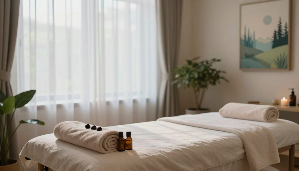 A serene wellness studio designed for massage therapy, featuring a soft, calming atmosphere. In the foreground, a soothing massage table with plush towels and essential oils arranged neatly. In the middle, a peaceful setting with diffused natural light pouring through large windows adorned with sheer curtains, creating an inviting glow. On the walls, soothing artwork depicting nature and tranquility. The background includes lush indoor plants that add a touch of freshness, enhancing the overall sense of relaxation. The scene conveys a sense of harmony and rejuvenation, ideal for promoting mental clarity, muscle relief, and improved circulation. The color palette includes soft earth tones complemented by gentle greens and blues, radiating calmness and serenity. The composition captures the essence of massage therapy benefits beautifully.