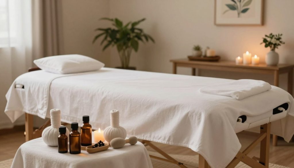 A tranquil spa environment featuring a pristine massage table set in a softly lit room. The foreground showcases various essential oils and massage tools artfully arranged on a small table beside the massage table. The middle ground includes the massage table draped in clean, white linens, with plush pillows, suggesting comfort and relaxation. In the background, there are calming elements such as potted plants, peaceful artwork on the walls, and a gentle flickering candlelight. The overall atmosphere is serene and inviting, perfect for medical massage aimed at alleviating muscle tension and pain relief. The lighting is warm and soft, creating a peaceful and healing ambiance. No humans are present in the scene. A tranquil spa environment featuring a pristine massage table set in a softly lit room. The foreground showcases various essential oils and massage tools artfully arranged on a small table beside the massage table. The middle ground includes the massage table draped in clean, white linens, with plush pillows, suggesting comfort and relaxation. In the background, there are calming elements such as potted plants, peaceful artwork on the walls, and a gentle flickering candlelight. The overall atmosphere is serene and inviting, perfect for medical massage aimed at alleviating muscle tension and pain relief. The lighting is warm and soft, creating a peaceful and healing ambiance. No humans are present in the scene.