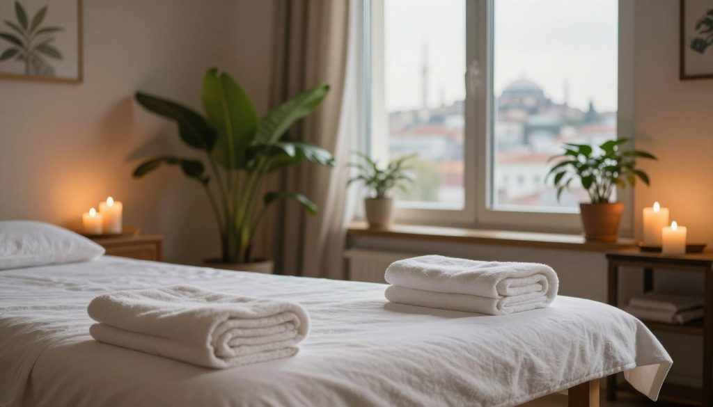 An inviting and tranquil home massage setting in Istanbul, focusing on a beautifully arranged room dedicated to relaxation. The foreground features a plush massage table with neatly folded towels and aromatic candles, creating a serene atmosphere. In the middle, a large window lets in soft, warm natural light, illuminating the space and highlighting lush indoor plants that add a touch of nature. The background showcases a gentle view of Istanbul's skyline visible through the window, blending urban charm with home comfort. The overall mood is peaceful and rejuvenating, perfect for showcasing the luxurious experience of at-home massage services in the city. The lighting is soft and warm, emphasizing the inviting ambiance.