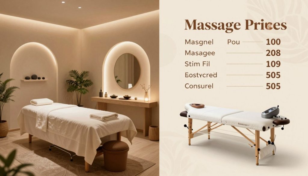 A detailed comparison of massage therapy prices depicted visually, featuring an elegant split-screen design. On the left, a serene spa environment showcasing luxurious massage rooms with soft lighting, plush tables, and natural decor elements like stones and plants. On the right, a massage therapy studio with a professional, minimalist setting that illustrates affordability, displaying essential massage equipment and clean lines. In the background, subtle patterns suggest a calming atmosphere, while strategically placed infographics highlight price comparisons without any text. The lighting is warm and inviting, creating a soothing ambiance, and the overall composition balances both professionalism and relaxation, appealing to potential clients weighing their options in Istanbul.