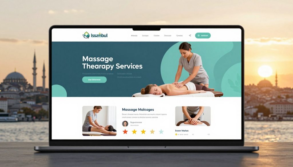 A digital illustration of a sleek and modern platform showcasing various massage therapy services in Istanbul. In the foreground, a well-designed website interface is displayed, featuring images of wellness professionals, sport massage descriptions, and user ratings, all structured in an inviting layout. The middle ground features stylized icons representing massage modalities and health benefits, with a soothing color palette of blues and greens that convey relaxation and wellness. The background depicts a serene Istanbul skyline at sunset, casting warm golden light that enhances the tranquil atmosphere. The overall mood is professional yet inviting, designed to attract those seeking expert sports massage therapists in Istanbul. The image should be crisp, with a soft focus effect around the edges to draw attention to the platform. A digital illustration of a sleek and modern platform showcasing various massage therapy services in Istanbul. In the foreground, a well-designed website interface is displayed, featuring images of wellness professionals, sport massage descriptions, and user ratings, all structured in an inviting layout. The middle ground features stylized icons representing massage modalities and health benefits, with a soothing color palette of blues and greens that convey relaxation and wellness. The background depicts a serene Istanbul skyline at sunset, casting warm golden light that enhances the tranquil atmosphere. The overall mood is professional yet inviting, designed to attract those seeking expert sports massage therapists in Istanbul. The image should be crisp, with a soft focus effect around the edges to draw attention to the platform.