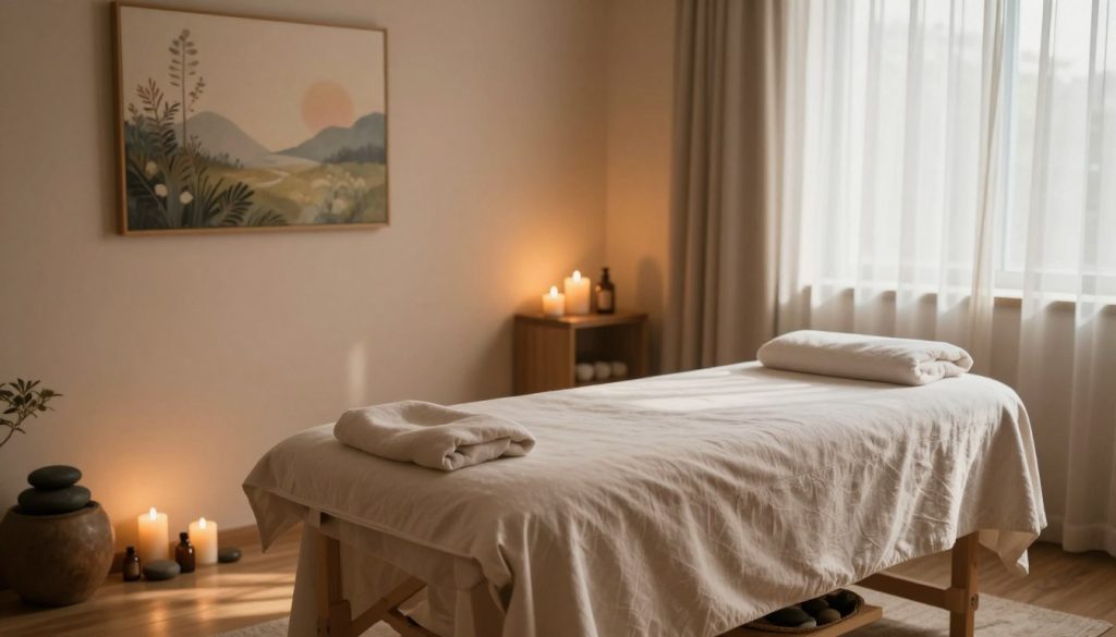 A serene and calming massage therapy room designed explicitly for relieving work-related stress. In the foreground, an inviting massage table draped with soft, neutral-colored linens. Surrounding the table, essential oils, soothing candles, and a selection of natural stones are harmoniously arranged. In the middle, gentle diffused lighting creates a tranquil atmosphere, enhancing the warm colors of the wall, adorned with peaceful artwork depicting nature. The background features a window with soft, flowing curtains, allowing natural light to filter in, casting delicate shadows across the floor. The overall mood is relaxing and soothing, encapsulating a space dedicated to deep tissue massage techniques specifically tailored for stress relief. The image should be devoid of any people, text, or logos, focusing solely on the therapeutic environment.