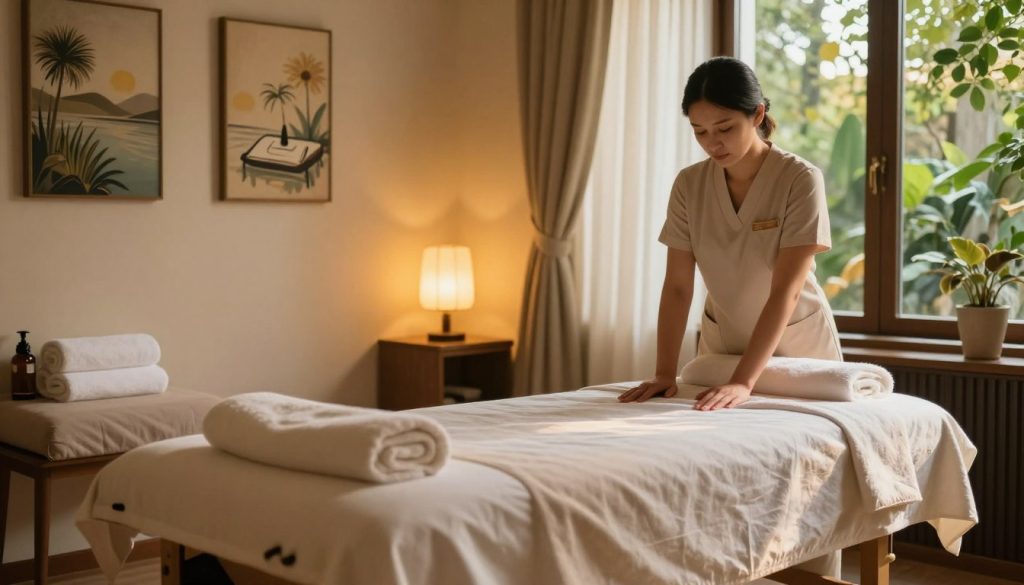 A serene and calming massage therapy room in Istanbul, showcasing a professional setup. In the foreground, a massage table draped in soft, tranquil fabrics, adorned with neatly arranged towels and essential oils. The middle ground features gentle ambient lighting from elegant lamps, creating a warm and inviting atmosphere. Wall art depicting relaxing scenes of nature enhances the environment. In the background, large windows allow soft sunlight to filter through, illuminating the room with a golden hue and offering glimpses of lush greenery outside. The overall mood is peaceful and rejuvenating, reflecting the benefits of regular massage therapy in a culturally rich setting.