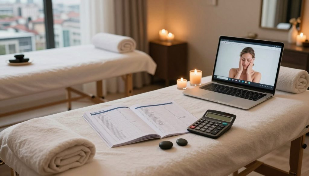 A serene and elegant spa setting in Istanbul captures the essence of massage service budgeting. In the foreground, an inviting treatment room features a plush massage table surrounded by calming decor, such as scented candles and soothing stones. The middle ground displays a neatly arranged budget planning booklet and a calculator, symbolizing financial guidance, alongside a laptop showing a virtual consultation about massage prices. In the background, soft, warm lighting enhances the ambiance, with large windows revealing a glimpse of the bustling city outside, conveying the contrast between relaxation and urban life. The atmosphere is tranquil and professional, evoking a sense of mindfulness and careful planning for a rejuvenating experience.