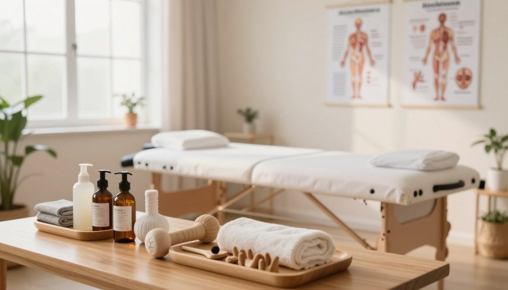 A serene and focused environment showing a well-organized massage therapy training space. In the foreground, an array of massage tools and lotions neatly arranged on a wooden table, highlighting the essentials for a newcomer. In the middle, a massage table set up with fresh linens, surrounded by guides on massage techniques and anatomy charts on the wall. The background features soft, natural lighting streaming through large windows, illuminating the scene with a calming glow. Plants in the corners add a touch of tranquility. The entire composition evokes a sense of professionalism and promise, suitable for those embarking on a journey in massage therapy, with the atmosphere emphasizing learning and personal growth.