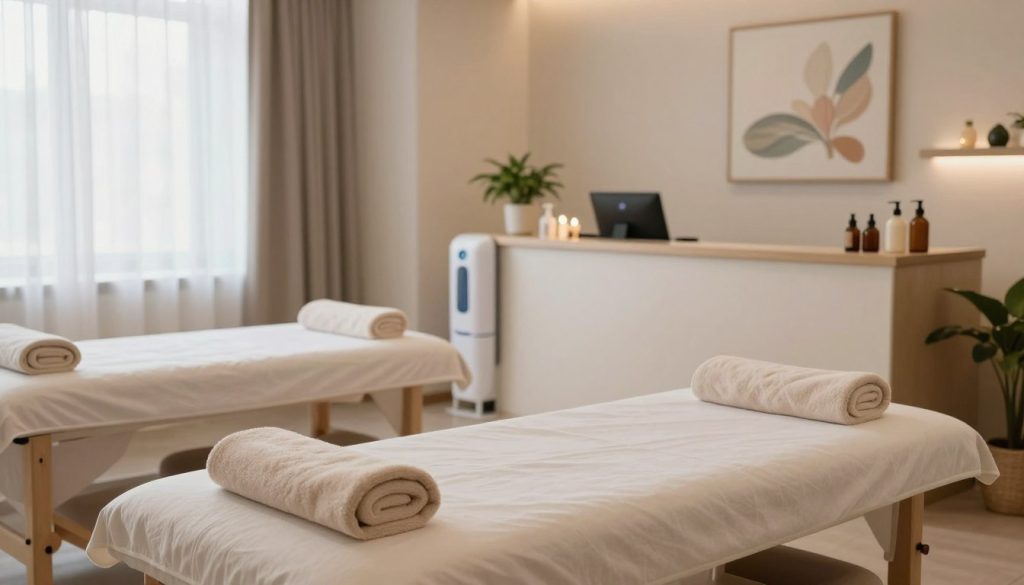 A serene and immaculate massage salon, showcasing high hygiene and safety standards. In the foreground, plush massage tables are set with neatly arranged towels and essential oils, accentuating cleanliness. In the middle ground, a well-organized reception area with sanitizing stations, fresh plants, and soft lighting creates a welcoming atmosphere. The background features a tranquil, relaxing ambiance with soft, diffused natural light filtering through sheer curtains, highlighting the peaceful decor of muted colors and calming artwork. The overall mood conveys safety and professionalism, appealing to clients seeking massage services in Istanbul without any human subjects or text elements.