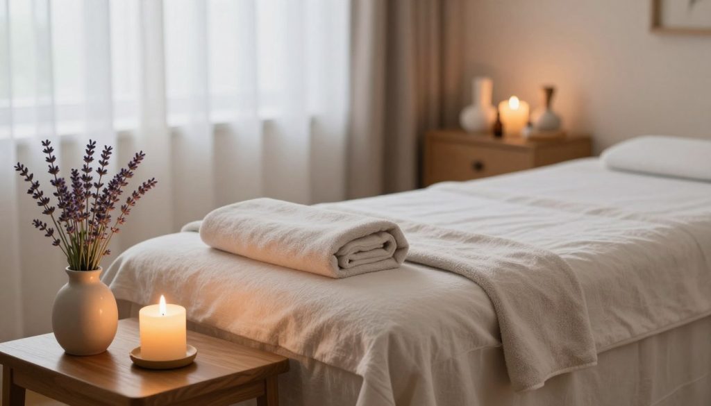 A serene and inviting massage therapy room, showcasing a beautifully arranged treatment table adorned with soft, neutral linens. In the foreground, a glowing candle and a small vase of fresh lavender on a wooden bedside table, creating a calming atmosphere. The middle ground should feature essential oil bottles and a massage toolkit, hinting at a luxurious experience. The background reveals soft, ambient lighting with gently diffused natural light filtering through sheer curtains, enhancing the sense of tranquility. The overall mood is peaceful and rejuvenating, embodying customer satisfaction and quality service, ideal for illustrating client feedback on massage experiences, with no humans present in the scene.