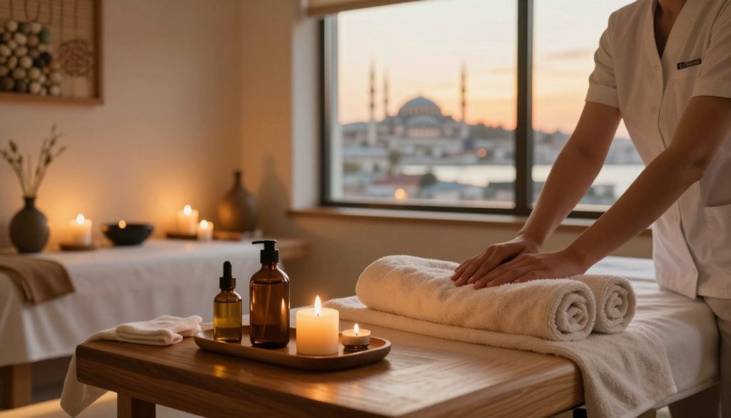 A serene and inviting spa environment in Istanbul, showcasing a luxurious massage room filled with soothing elements. In the foreground, elegant massage oils, plush towels, and aromatic candles are arranged on a wooden massage table, exuding an atmosphere of relaxation. The middle ground features a well-decorated spa area with soft lighting, including warm ambient lights and natural textures such as bamboo and stones, enhancing the tranquility. In the background, a large window displays a glimpse of Istanbul’s skyline, softly illuminated by golden hour sunlight. The overall mood is calm and peaceful, emphasizing the importance of selecting a reliable massage service in a bustling city. The image conveys professionalism and trust, creating a perfect visual for the article section.