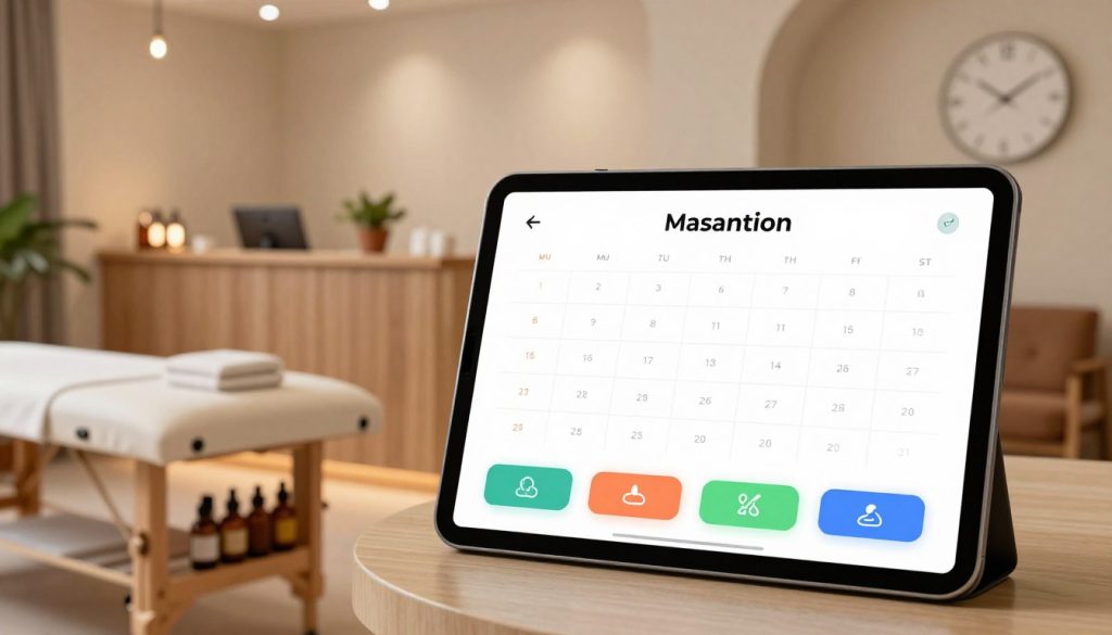 A serene and organized massage appointment system landscape, showcasing a modern, digital interface with a calendar, clock, and appointment reminders. In the foreground, a sleek tablet displays an app interface with colorful buttons and soothing icons symbolizing relaxation and wellness. In the middle ground, a clear view of a well-designed reception area featuring a massage table, essential oils, and comfortable seating, all in calming earth tones. The background reveals a cozy spa environment with soft ambient lighting and plants, creating a tranquil atmosphere that reflects effective time management. The overall mood is professional, stress-free, and inviting, emphasizing the importance of scheduling and time management in massage services. No humans present; the focus remains on the systems and environment. A serene and organized massage appointment system landscape, showcasing a modern, digital interface with a calendar, clock, and appointment reminders. In the foreground, a sleek tablet displays an app interface with colorful buttons and soothing icons symbolizing relaxation and wellness. In the middle ground, a clear view of a well-designed reception area featuring a massage table, essential oils, and comfortable seating, all in calming earth tones. The background reveals a cozy spa environment with soft ambient lighting and plants, creating a tranquil atmosphere that reflects effective time management. The overall mood is professional, stress-free, and inviting, emphasizing the importance of scheduling and time management in massage services. No humans present; the focus remains on the systems and environment.