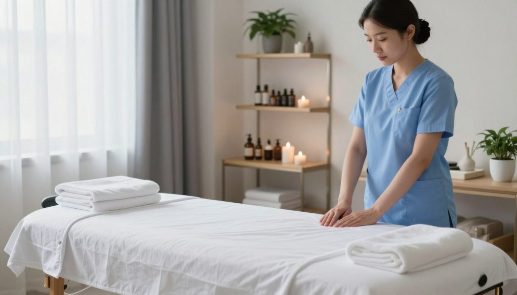 A serene and professional massage therapy environment, showcasing high hygiene standards. The foreground features an immaculate massage table with fresh linens and neatly arranged towels, surrounded by calming decor such as potted plants and soft lighting. In the middle, a well-organized workspace includes massage oils and tools displayed on elegant shelves, emphasizing cleanliness. The background reveals soft, natural light filtering through sheer curtains, creating a tranquil atmosphere. The color palette is soothing with soft blues and whites, evoking feelings of relaxation and professionalism. The overall mood is serene and welcoming, reflecting the ideal setting for a qualified massage therapist.