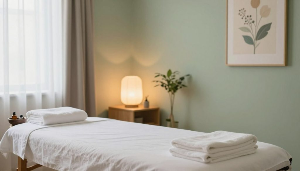 A serene and professional massage therapy room, designed to evoke trust and comfort. The foreground features a neatly made massage table adorned with soft white linens, a bowl of calming essential oils, and a set of neatly arranged towels. In the middle, a softly glowing lamp creates a warm ambiance, while decorative plants add a touch of nature, contributing to a peaceful atmosphere. The background displays calming artwork on the walls, with soothing colors like pale green and soft beige, promoting relaxation and professionalism. The room is well-lit, with diffused natural light coming through sheer curtains, casting a gentle glow across the space. Overall, the scene conveys a sense of safety, professionalism, and tranquility, perfect for clients seeking reassurance in their therapy experience.