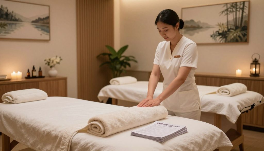 A serene and professional massage therapy setting, highlighting key elements of expert recommendations. In the foreground, a beautifully arranged massage table with plush towels and calming essential oils, alongside a discreet stack of informational pamphlets on massage frequency. In the middle ground, an elegant and sophisticated massage room featuring soft ambient lighting, natural wood accents, and plants for a soothing atmosphere. The background showcases a calming wall artwork depicting nature, enhancing the tranquility of the space. The overall lighting is warm and inviting, creating a relaxing mood that conveys professionalism and wellness.