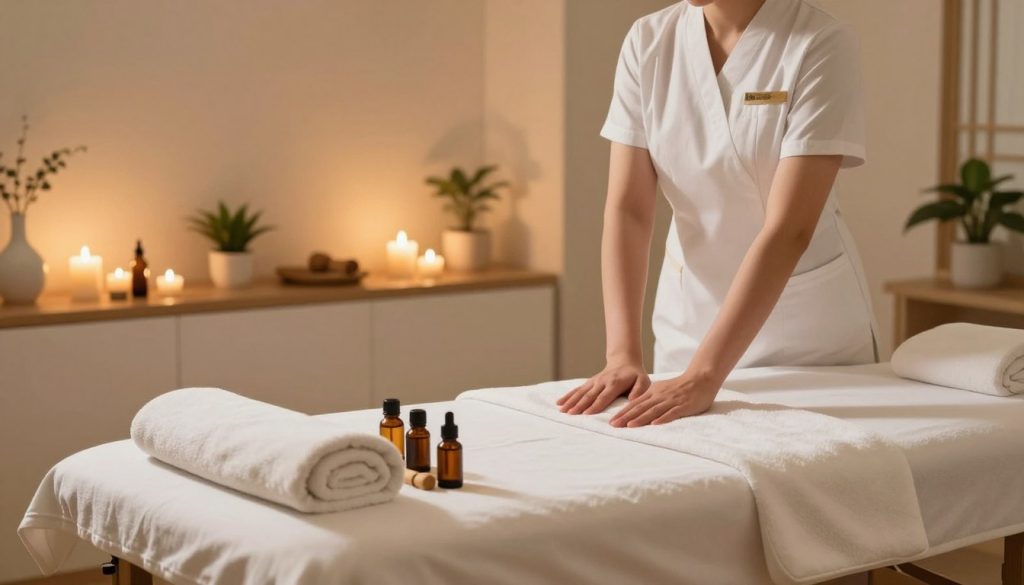A serene and professional spa environment reflecting high hygiene and safety standards for massage services. In the foreground, a well-organized massage table with clean linens and plush towels, surrounded by essential oils and therapeutic tools. The middle layer showcases a calming ambiance with soft candles and plants, promoting a sense of tranquility. The background features a softly lit room with elegant decor, emphasizing cleanliness and professionalism. Warm lighting casts gentle shadows, creating an inviting atmosphere. The overall mood is peaceful and reassuring, highlighting the importance of health, hygiene, and safety in massage therapy without any human presence. Ensure no text or logos are included. A serene and professional spa environment reflecting high hygiene and safety standards for massage services. In the foreground, a well-organized massage table with clean linens and plush towels, surrounded by essential oils and therapeutic tools. The middle layer showcases a calming ambiance with soft candles and plants, promoting a sense of tranquility. The background features a softly lit room with elegant decor, emphasizing cleanliness and professionalism. Warm lighting casts gentle shadows, creating an inviting atmosphere. The overall mood is peaceful and reassuring, highlighting the importance of health, hygiene, and safety in massage therapy without any human presence. Ensure no text or logos are included.