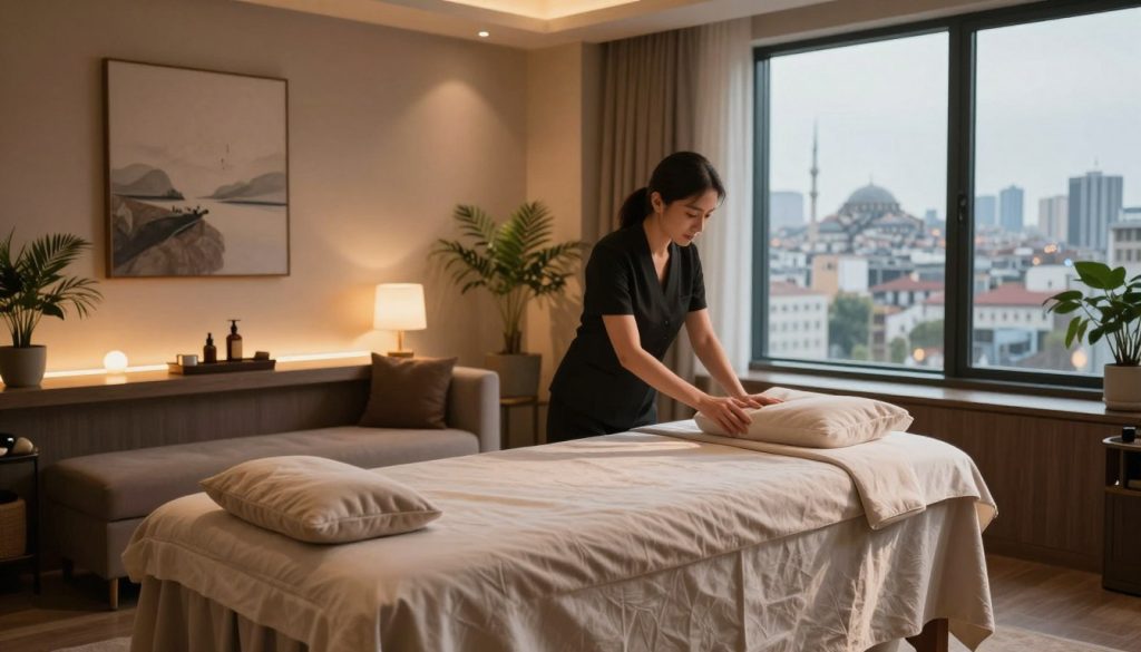 A serene and tranquil spa environment designed for business travelers seeking relaxation and revitalization. In the foreground, display a luxurious massage table adorned with soft, neutral-toned linens and plush pillows. The middle features an inviting, softly lit room with elegant decor, including soothing wall art and potted plants. Incorporate calming ambient lighting that casts gentle shadows, enhancing the serene atmosphere. In the background, large windows reveal a view of the bustling city of Istanbul, juxtaposing the calm of the spa with the vibrant urban life outside. Emphasize a mood of relaxation and productivity, illustrating the concept of turning a massage into a worthwhile investment rather than an indulgence, with a focus on achieving work-life balance.