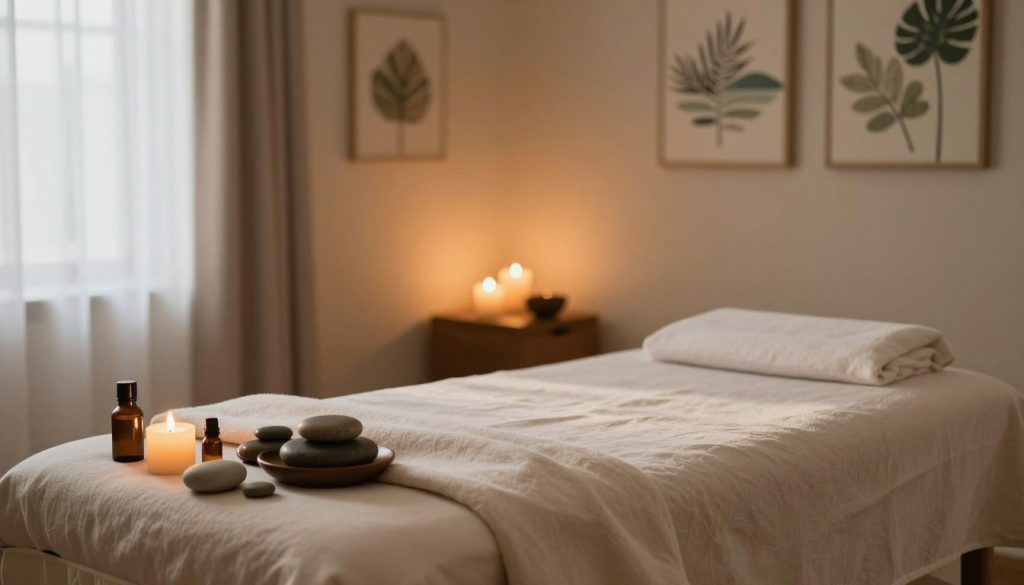 A serene massage therapy room, emphasizing the themes of breath awareness and body mindfulness. In the foreground, a plush massage table is draped with soft, calming linens, suggesting a tranquil environment. Surrounding the table, essential oils and smooth stones are arranged artfully, enhancing the atmosphere of relaxation. In the middle ground, softly glowing candles cast warm shadows, creating a soothing ambiance. The background features softly lit walls adorned with calming nature-inspired artwork, evoking a sense of peace. Natural light filters gently through sheer curtains, illuminating the space and adding to the serene mood. The overall scene radiates tranquility, inviting the viewer to explore relaxation and self-awareness before and after a massage session.
