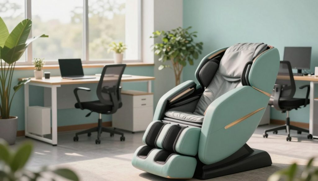 A serene office environment featuring a modern massage setup in an open workspace. The foreground showcases a professional massage chair amidst greenery, emphasizing relaxation and wellness. In the middle ground, elements like a desk with a laptop and ergonomic office furniture hint at productivity. The background includes large windows letting in natural light, casting a warm glow throughout the space. Soft, soothing colors like pale greens and blues create a calming atmosphere. Overall, the scene conveys a sense of balance between work and wellness, highlighting the benefits of office massage for employee health and productivity. Ensure no human presence in the image, maintaining a professional and inviting ambiance.