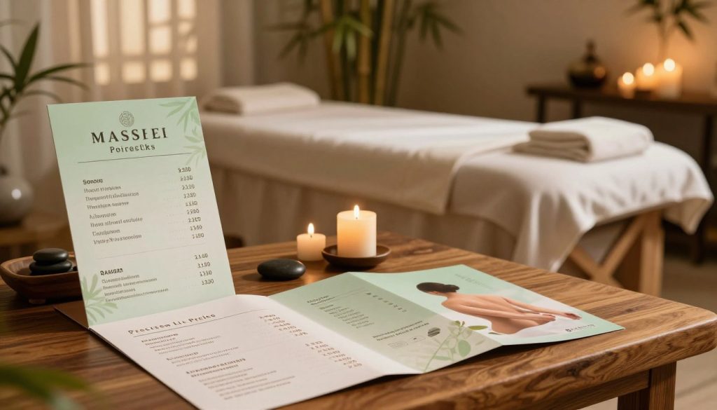 A serene spa setting showcasing various massage pricing options elegantly displayed on a wooden table. The foreground features a softly lit brochure highlighting different massage therapies, their durations, and prices, with soothing colors like pale greens and earth tones. In the middle ground, a plush massage table is draped with a calming white sheet, complemented by decorative candles and smooth stones. The background reveals a tranquil spa environment with bamboo plants and dimmed lighting, creating a peaceful atmosphere. Sunlight filters gently through sheer curtains, casting a warm glow throughout. The overall mood is relaxing and inviting, focusing on wellness and self-care without any human figures or text present. A serene spa setting showcasing various massage pricing options elegantly displayed on a wooden table. The foreground features a softly lit brochure highlighting different massage therapies, their durations, and prices, with soothing colors like pale greens and earth tones. In the middle ground, a plush massage table is draped with a calming white sheet, complemented by decorative candles and smooth stones. The background reveals a tranquil spa environment with bamboo plants and dimmed lighting, creating a peaceful atmosphere. Sunlight filters gently through sheer curtains, casting a warm glow throughout. The overall mood is relaxing and inviting, focusing on wellness and self-care without any human figures or text present.