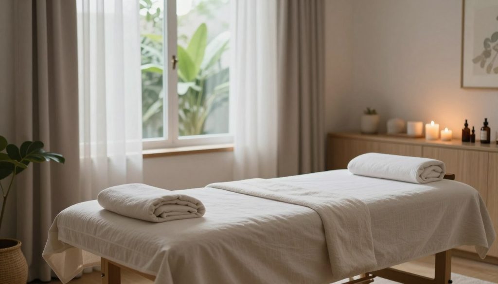 A serene therapy room designed for massage, featuring a comfortable massage table in the foreground, draped in soft, neutral-colored linens. Beside the table, soothing elements such as scented candles and essential oil bottles create a calming atmosphere. In the middle ground, a window reveals soft, natural light filtering through sheer curtains, with lush green plants outside enhancing the sense of tranquility. The background showcases a minimalist decor with light wooden accents and soft, muted colors, contributing to a peaceful environment. The room is free of any distractions, evoking a sense of relaxation and healing. The overall mood is one of serenity and calmness, capturing the essence of how massage therapy can alleviate stress and anxiety. A serene therapy room designed for massage, featuring a comfortable massage table in the foreground, draped in soft, neutral-colored linens. Beside the table, soothing elements such as scented candles and essential oil bottles create a calming atmosphere. In the middle ground, a window reveals soft, natural light filtering through sheer curtains, with lush green plants outside enhancing the sense of tranquility. The background showcases a minimalist decor with light wooden accents and soft, muted colors, contributing to a peaceful environment. The room is free of any distractions, evoking a sense of relaxation and healing. The overall mood is one of serenity and calmness, capturing the essence of how massage therapy can alleviate stress and anxiety.
