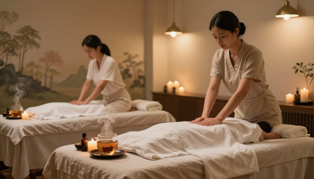 A serene wellness setting featuring a massage therapy room, showcasing various relaxation massage techniques. In the foreground, a treatment table draped with soft, neutral-colored linens, surrounded by calming elements such as scented candles, essential oils, and a steaming herbal tea. The middle background displays a calming wall mural depicting nature, creating an atmosphere of tranquility. Soft, warm lighting cascades from stylish pendant lights, creating gentle highlights and shadows that evoke a peaceful ambiance. The overall mood is one of relaxation and rejuvenation, emphasizing the classic approach to wellness through massage therapy. The entire composition invokes a sense of calm and mindfulness, suitable for illustrating the art of relaxation massage techniques. A serene wellness setting featuring a massage therapy room, showcasing various relaxation massage techniques. In the foreground, a treatment table draped with soft, neutral-colored linens, surrounded by calming elements such as scented candles, essential oils, and a steaming herbal tea. The middle background displays a calming wall mural depicting nature, creating an atmosphere of tranquility. Soft, warm lighting cascades from stylish pendant lights, creating gentle highlights and shadows that evoke a peaceful ambiance. The overall mood is one of relaxation and rejuvenation, emphasizing the classic approach to wellness through massage therapy. The entire composition invokes a sense of calm and mindfulness, suitable for illustrating the art of relaxation massage techniques.