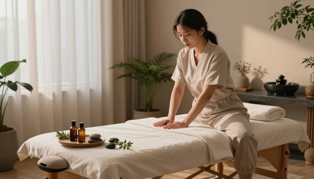 A serene wellness setting showcasing the harmonious effects of aromatherapy and Shiatsu massage. In the foreground, an elegant wooden massage table adorned with soft linens and essential oil bottles, surrounded by scattered smooth stones and calming herbs. The middle ground features a tranquil indoor space with flowing curtains, soft ambient lighting illuminating the room, casting gentle shadows. In the background, peaceful potted plants and a water fountain create a calming atmosphere. The palette consists of soothing earth tones and hints of greenery, evoking a sense of relaxation and rejuvenation. Overall, the image should embody a soothing, tranquil vibe, emphasizing balance and holistic wellness without any human figures or text. A serene wellness setting showcasing the harmonious effects of aromatherapy and Shiatsu massage. In the foreground, an elegant wooden massage table adorned with soft linens and essential oil bottles, surrounded by scattered smooth stones and calming herbs. The middle ground features a tranquil indoor space with flowing curtains, soft ambient lighting illuminating the room, casting gentle shadows. In the background, peaceful potted plants and a water fountain create a calming atmosphere. The palette consists of soothing earth tones and hints of greenery, evoking a sense of relaxation and rejuvenation. Overall, the image should embody a soothing, tranquil vibe, emphasizing balance and holistic wellness without any human figures or text.