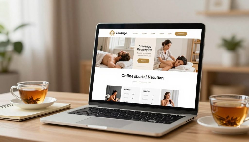 A sleek and modern online massage reservation platform interface displayed on a laptop screen. The foreground features a stylish, well-lit workspace with a laptop, a notepad, and a cup of herbal tea, suggesting a calming atmosphere. The middle ground shows a close-up of the laptop screen with an intuitive booking page, showcasing available massage services and options. The background highlights a serene room with soft lighting, warm-toned decor, and plants, enhancing the feeling of relaxation and wellness. The overall mood is peaceful and inviting, embodying the convenience of finding urgent massage services in Istanbul. The composition utilizes soft focus for the background, allowing the details of the booking interface to stand out prominently.