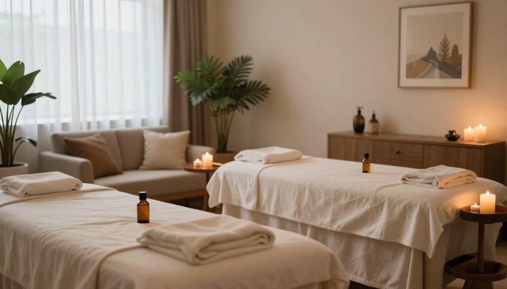 A tranquil and inviting massage salon interior, emphasizing warmth and relaxation. In the foreground, elegantly arranged massage tables with plush linens, infused with calming essential oils, and gently lit candles casting a soft glow. In the middle, a cozy waiting area featuring comfortable seating, lush indoor plants, and tasteful decor reflecting serenity. The background showcases calming artwork and softly diffused natural light filtering through sheer curtains, creating an atmosphere of peace and rejuvenation. The overall mood is serene and inviting, perfect for someone seeking relaxation and professional care. The image should evoke a sense of wellness and comfort, designed to draw viewers into the soothing world of massage therapy. A tranquil and inviting massage salon interior, emphasizing warmth and relaxation. In the foreground, elegantly arranged massage tables with plush linens, infused with calming essential oils, and gently lit candles casting a soft glow. In the middle, a cozy waiting area featuring comfortable seating, lush indoor plants, and tasteful decor reflecting serenity. The background showcases calming artwork and softly diffused natural light filtering through sheer curtains, creating an atmosphere of peace and rejuvenation. The overall mood is serene and inviting, perfect for someone seeking relaxation and professional care. The image should evoke a sense of wellness and comfort, designed to draw viewers into the soothing world of massage therapy.
