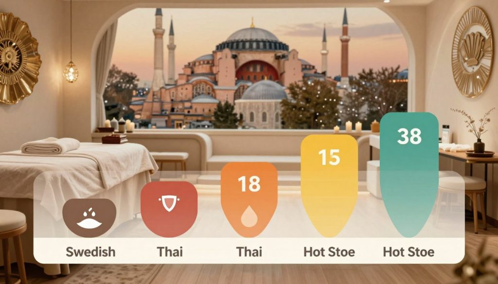 A visually engaging and informative infographic-style image that visually represents the comparative prices of massage services in Istanbul. In the foreground, display a stylized price chart featuring different massage types such as Swedish, Thai, and Hot Stone with distinct colors and icons for each service. In the middle ground, show an elegant, modern spa setting with soft lighting and serene decor, emphasizing a tranquil atmosphere. The background features iconic Istanbul elements like the silhouette of the Hagia Sophia and Bosphorus, subtly placed to suggest the location without overpowering the main focus. The overall mood should be inviting and relaxing, with warm tones creating a soothing ambiance, capturing the essence of wellness and luxury in Istanbul's massage industry.