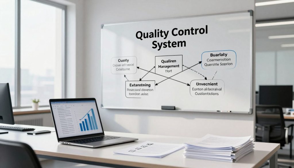 A visually striking image depicting an integrated management system in a business environment, emphasizing the balance between quality and affordability. In the foreground, a sleek, modern office desk with a laptop displaying analytical charts, stacks of documents labeled with checkmarks for quality assurance. The middle ground features a large whiteboard with diagrams illustrating the concepts of quality control and cost management, indicating a professional working environment. The background includes floor-to-ceiling windows shedding soft natural light, creating a bright and optimistic atmosphere. The overall mood conveys a sense of diligence amidst economic pressure, highlighting the importance of maintaining standards in service delivery. The composition should be sharp, with a wide-angle perspective to capture the essence of a bustling yet focused workspace.