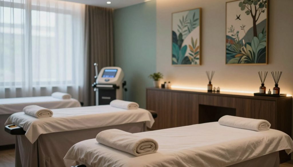 A warm and inviting massage salon interior featuring modern equipment and soothing ambiance. In the foreground, luxurious massage tables adorned with soft towels are neatly arranged. The middle ground showcases elegant decor with ambient lighting, showcasing soft hues of blues and greens to create a relaxing effect. On the walls, artwork inspired by nature enhances the tranquility, while essential oil diffusers emit gentle fragrances. The background reveals large windows allowing natural light to filter in, complemented by sheer curtains that diffuse the sunlight. The overall atmosphere conveys serenity and professionalism, inviting guests to experience relaxation in a beautifully designed space. The image should have soft-focused lighting, emphasizing calmness and comfort.