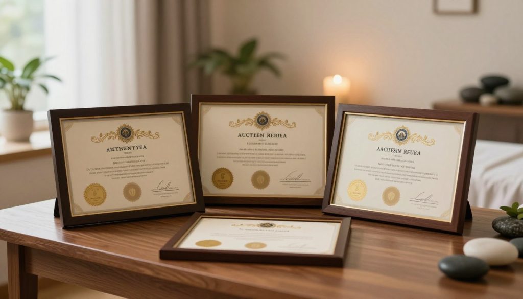 A collection of three elegantly framed certification diplomas on a polished wooden desk, showcasing the expertise of a massage therapist. The certificates highlight various specializations in therapeutic massage and are adorned with seals of accreditation. A soft, ambient light filters through a nearby window, casting a warm glow over the scene. In the background, a calming atmosphere is created with blurred elements of a tranquil spa environment: gentle green plants and smooth stones. The overall mood is one of professionalism and serenity, reflecting the high standards of expertise in massage therapy. The focus is tight on the certificates, emphasizing their importance in distinguishing premium services from standard offerings.