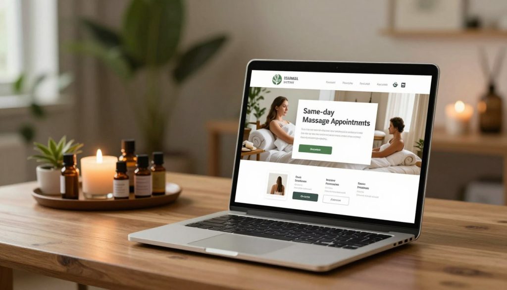 A modern and sleek online massage reservation system interface displayed on a laptop screen, positioned on a stylish wooden desk. The foreground features the laptop, showcasing a user-friendly dashboard with elegant buttons and a calming color palette that reflects a spa-like atmosphere. In the middle ground, there's a beautifully arranged selection of essential oils and soothing candles, enhancing the scene's relaxation theme. The background shows a softly lit room with lush greenery and serene decor, creating a tranquil ambiance. The lighting is soft and warm, evoking a sense of peace, while a slight blur effect on the background emphasizes the laptop screen. The overall mood is relaxing and inviting, perfect for illustrating the concept of finding same-day massage appointments in Istanbul without including any human figures or text.