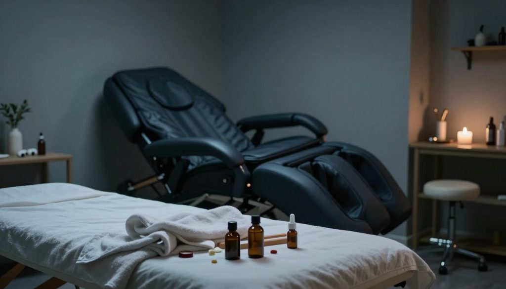 A room in a wellness center showcasing the aftermath of improper massage therapy. In the foreground, a table is seen with disheveled towels and scattered massage oils, suggesting a chaotic treatment. In the middle ground, a massage chair slumps to the side, representing neglect and misuse, while various therapy tools are scattered around. In the background, a dimly lit space with flickering lights gives a tense and uneasy atmosphere. The color palette consists of muted blues and grays, enhancing a sense of discomfort. The overall mood should evoke the serious consequences of physical damage due to poor therapeutic practices, leaving the viewer unsettled yet reflective. The composition should focus on capturing the essence of the physical disarray without any human elements.