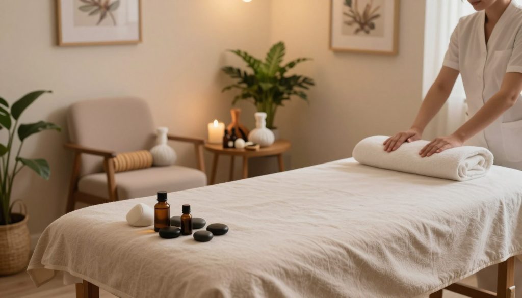 A serene and inviting home massage setting showcasing various massage options in Ataşehir. In the foreground, a plush massage table draped with soft, neutral-colored linens. Essential oils and healing stones elegantly arranged nearby. In the middle ground, a cozy corner features a comfortable chair and a small side table displaying an assortment of massage tools like rollers and herbal packs. In the background, soft lighting illuminates the room, casting a warm glow. A peaceful ambiance created by a few green plants and calming artwork on the walls, enhancing relaxation. The overall mood is tranquil and professional, ideal for illustrating home massage services. No human figures are present. The image reflects a relaxing, spa-like atmosphere.