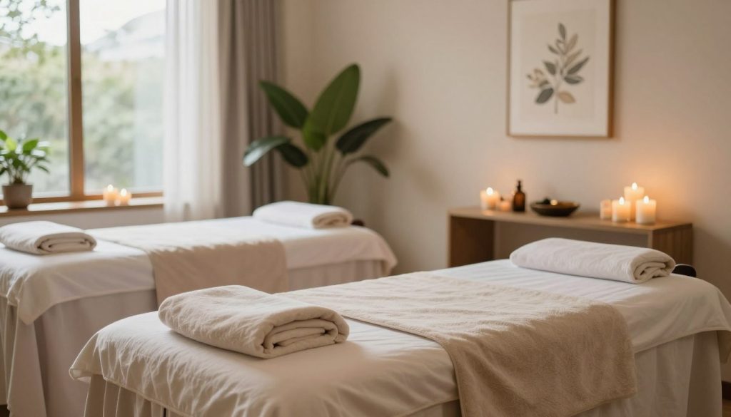 A serene and inviting massage salon interior, emphasizing elements of trust and quality. In the foreground, a beautifully arranged massage table with soft, plush linens and a calming, natural color palette. The middle layer showcases soothing decor, including scented candles, lush green plants, and elegant wall art that evokes relaxation. In the background, large windows allow warm, natural light to flood the space, creating an atmosphere of tranquility. The overall mood is peaceful and reassuring, with a focus on creating a safe, welcoming environment for clients. The image should have soft lighting that highlights the textures of the materials and the inviting ambiance of the salon.