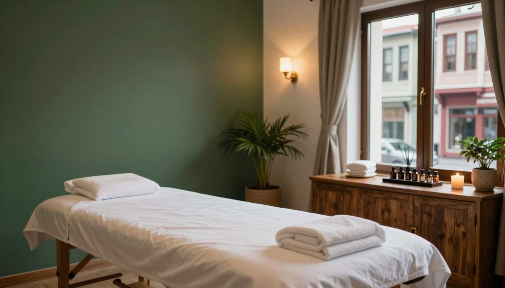 A serene and inviting massage therapy room set in a luxurious spa in Istanbul. In the foreground, a pristine massage table draped with soft white linens, alongside neatly arranged essential oils and aromatic candles. The middle of the image features a subtle forest green accent wall, with decorative plants adding a touch of nature and tranquility. Soft, warm lighting bathes the room, creating a calming atmosphere. Elegant wooden furnishings complete the space, with a large window revealing a glimpse of a vibrant Istanbul street in the background, showcasing traditional architecture. The overall mood is peaceful and relaxing, inviting viewers to experience the popular Swedish massage technique favored by visitors in the city.