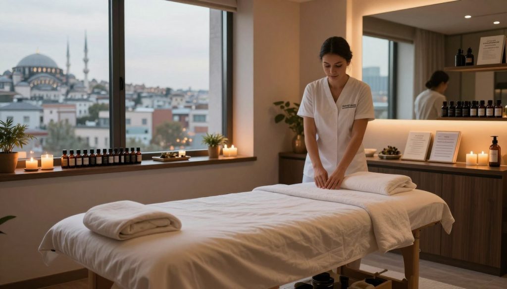 A serene and inviting modern massage therapy room in Istanbul, showcasing the evolution of the massage industry over the last twenty years. In the foreground, a luxurious massage table elegantly prepared with soft linens and aromatic candles, casting a warm, ambient glow. The middle ground features shelves lined with essential oils, herbal remedies, and educational materials about professional training, symbolizing growth and expertise. In the background, large windows reveal glimpses of Istanbul's skyline, blending traditional architecture with contemporary design. Soft, diffused lighting enhances the tranquil atmosphere, encouraging relaxation and well-being, while subtle reflections create a sense of depth. The overall mood is professional yet inviting, embodying the essence of relaxation and the sophistication of the massage industry.