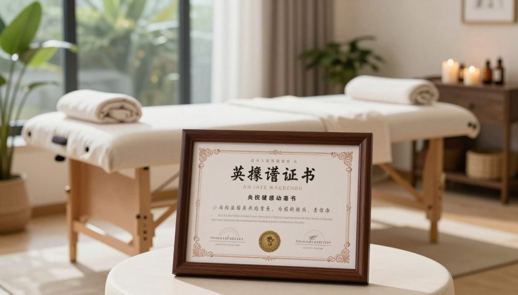 A serene and inviting spa environment featuring a beautifully framed massage certificate prominently displayed in the foreground. The certificate can exhibit elegant calligraphy and decorative borders, symbolizing professionalism. In the middle ground, a well-organized workspace showcases a massage therapy table with plush linens, essential oils, and soothing candles, hinting at a tranquil atmosphere. Soft, diffused natural light streams in through a large window, illuminating the space and creating a calming ambiance. The background is adorned with lush greenery and soft textures, further enhancing the peaceful escape of a massage therapy setting. The overall composition conveys a sense of relaxation and professionalism, emphasizing the essence of massage therapy education.