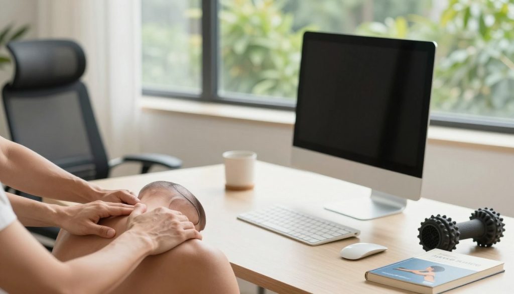 A serene and inviting workspace scene featuring a minimalist desktop with a computer, ergonomic chair, and an abundance of natural light filtering in through a large window. In the foreground, a pair of hands demonstrates a self-massage technique on a neck and shoulder area, using gentle pressure and slow circular motions. Accompanying elements include a yoga mat, a set of massage balls, and a stress relief guidebook subtly placed on the desk. The background showcases lush greenery outside the window, creating a peaceful atmosphere conducive to relaxation. The lighting is bright and soft, enhancing the calming mood of the space. The overall composition should evoke a sense of tranquility and wellness.