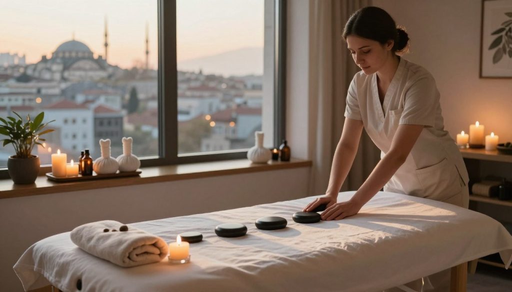 A serene and tranquil scene depicting a professional massage therapy room in Istanbul. In the foreground, a beautifully arranged massage table is adorned with soft, clean linens, surrounded by soothing essential oils and calming candles. The middle of the image features an ambient environment, with soft lighting creating a warm, inviting atmosphere, highlighted by gentle shadows. A variety of relaxation tools such as massage stones and herbal compresses are elegantly placed on a nearby shelf. In the background, large windows reveal a soft view of Istanbul’s peaceful skyline, infused by golden hour sunlight. The mood is calm and restorative, emphasizing relaxation techniques. The overall composition should convey a sense of serenity, professionalism, and holistic wellness.