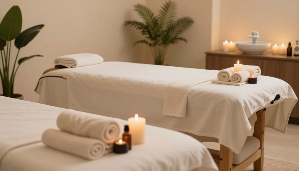 A serene and tranquil spa environment that evokes relaxation and well-being, featuring an elegantly arranged massage table set against a backdrop of soothing colors. The foreground showcases soft towels, aromatic candles, and essential oils, creating a sense of calm. In the middle, show a beautifully crafted massage table adorned with plush linens, surrounded by indoor plants to enhance the soothing atmosphere. The background should include subtle elements like a gentle water fountain and soft lighting, casting a warm glow throughout the room. Use a wide-angle lens effect to capture the entire setting, emphasizing the peaceful mood, inviting viewers to visualize the benefits of regular massage for health and wellness. The image should evoke feelings of tranquility and rejuvenation, free from any text or human presence.