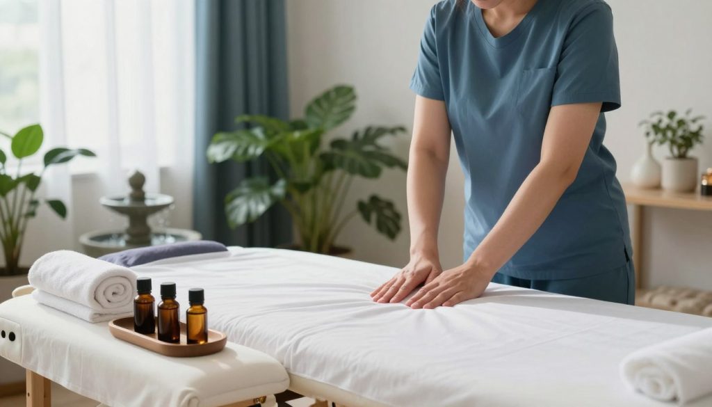 A serene indoor setting showcasing the benefits of sports massage therapy for muscle pain relief. In the foreground, a massage table is perfectly arranged with a clean, white sheet, surrounded by essential oils and soft towels. The middle ground features calming elements like plants and a tranquil water fountain, suggesting relaxation. In the background, a softly lit room with natural light filtering through sheer curtains creates a warm atmosphere. The color palette consists of soothing blues and greens to enhance the sense of peace. The overall mood is inviting and harmonious, emphasizing well-being and comfort in a home massage service environment.