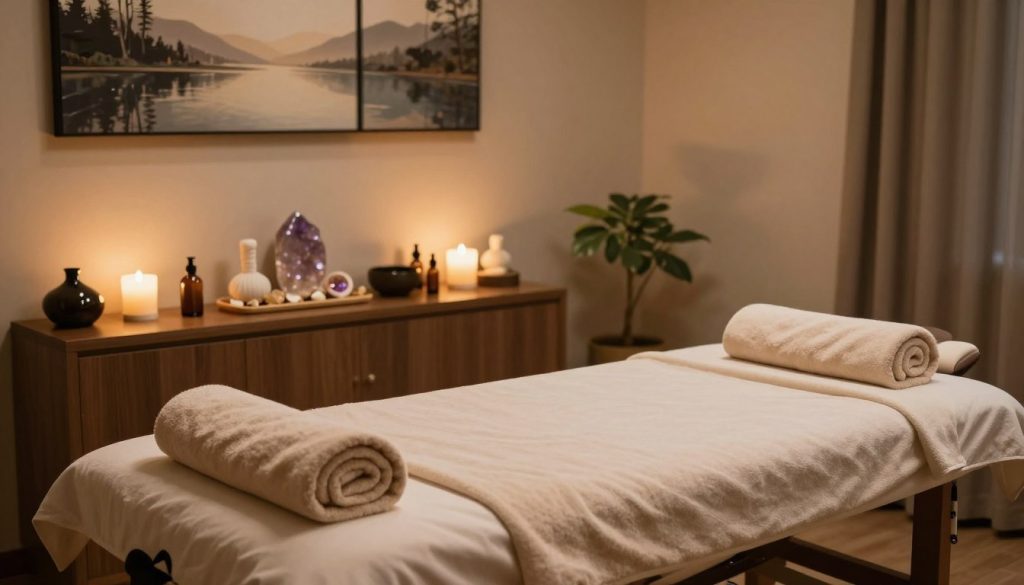A serene massage therapy room featuring elegant decor, soft ambient lighting, and a calming atmosphere. In the foreground, a well-arranged massage table dressed in warm, neutral tones, surrounded by plush towels and aromatic oils, indicating a professional setting. In the middle ground, a selection of massage tools and healing crystals, showcasing the expertise of a skilled therapist. The background reveals soothing wall art depicting tranquil landscapes, enhancing the relaxation theme. The entire scene is softly illuminated to create a peaceful mood, reminiscent of a high-quality therapeutic experience in Istanbul. The composition should evoke a sense of calm and professionalism, appealing to those seeking exceptional massage services.