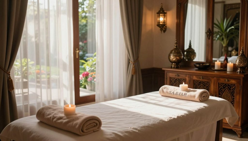 A serene morning scene depicting a luxurious massage room designed for a traditional Turkish Sabah massage experience. In the foreground, a plush massage table is adorned with soft towels and aromatic candles, creating a welcoming atmosphere. In the middle, diffused natural light filters through sheer curtains, casting gentle shadows and highlighting the rich textures of the wooden furnishings and decorative elements inspired by classical Ottoman design. In the background, a tranquil garden view can be seen through large glass doors, featuring green plants and colorful flowers that enhance the relaxing ambiance. The overall mood is calm and rejuvenating, perfect for starting the day with a sense of peace and relaxation.