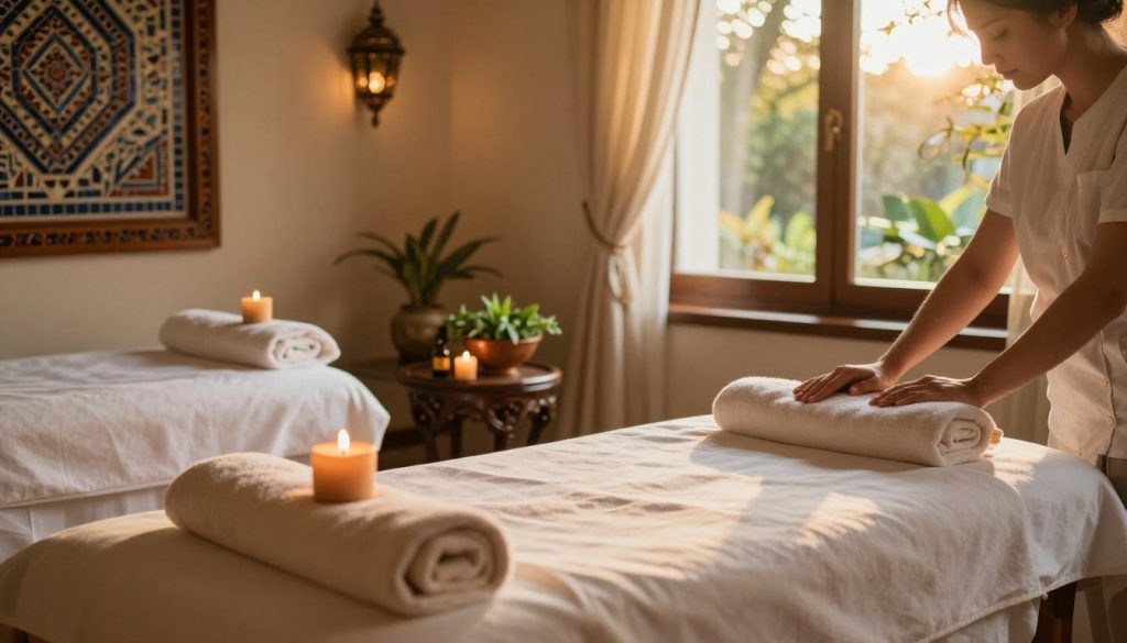 A serene spa setting in Istanbul showcasing various massage types available to tourists. In the foreground, an elegant massage table adorned with soft towels and aromatic candles. The middle ground features a tranquil massage room with traditional Turkish decor, including intricate mosaics and wooden accents. A bowl of fresh herbs and essential oils placed on a side table adds an inviting touch. In the background, a large window offers a view of lush gardens, softly illuminated by warm, golden sunlight filtering through sheer curtains. The overall mood is peaceful and luxurious, reflecting a calming oasis for relaxation. The scene is captured with a soft focus lens, evoking an atmosphere of tranquility and rejuvenation.