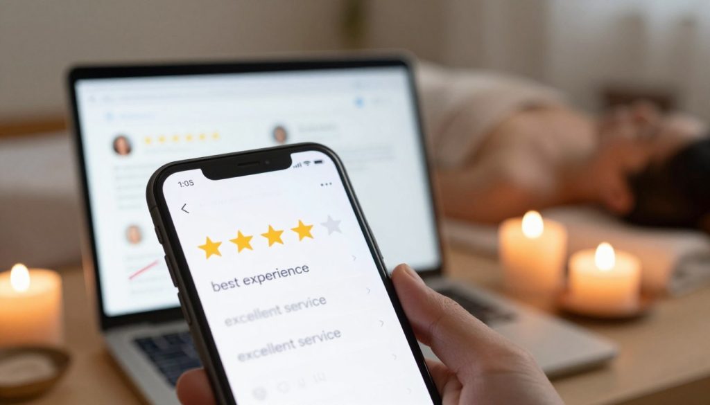 A dynamic composition illustrating the concept of misleading expressions in massage reviews. In the foreground, a close-up of a smartphone displaying a massage app, with star ratings and abstract, ambiguous phrases like “best experience” and “excellent service” blurred slightly to emphasize their misleading nature. In the middle ground, an open laptop with a search engine showing various reviews, some highlighted or crossed out, suggesting inconsistency. In the background, a serene spa setting with soft lighting, candles, and tranquil colors conveying a sense of relaxation yet hinting at underlying deception. The overall mood is one of caution, balancing tranquility with a subtle tension, urging viewers to scrutinize information carefully. Soft diffused lighting casts gentle shadows, inviting contemplation.