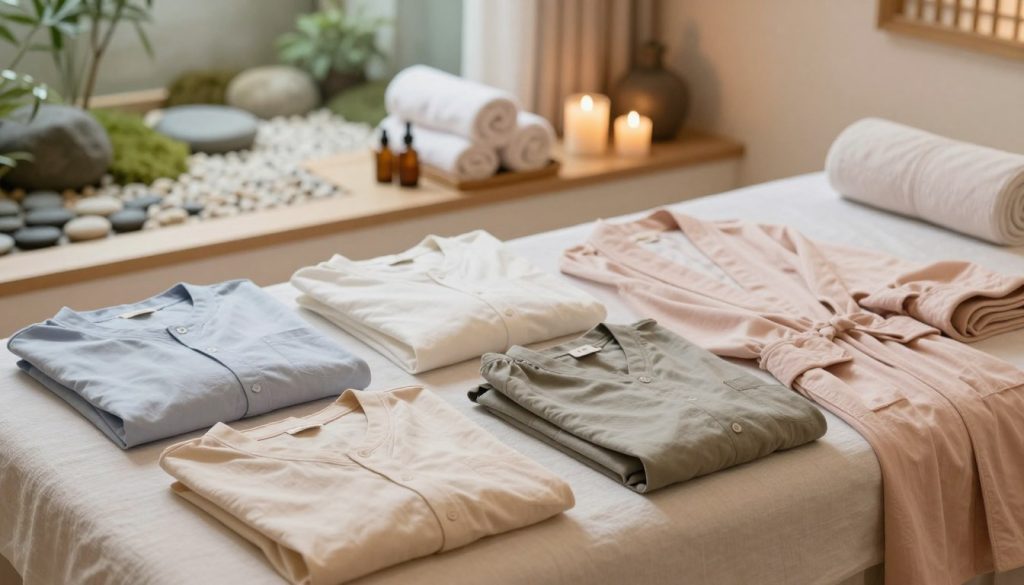 A serene and inviting massage preparation scene, highlighting an assortment of comfortable clothing options laid out neatly on a soft, natural fabric surface. In the foreground, showcase a cozy array of light cotton shirts, loose-fitting pants, and soft robes in soothing pastel colors. The middle section features a tranquil massage room, adorned with calming elements like aromatic candles, essential oils, and plush towels arranged artfully. In the background, a soft-focus image of a zen garden with gentle greenery and smooth pebbles enhances the atmosphere. The lighting is soft and ambient, creating a warm, relaxing mood. Capture the essence of calm and preparation, ensuring a professional and welcoming vibe without any human subjects. A serene and inviting massage preparation scene, highlighting an assortment of comfortable clothing options laid out neatly on a soft, natural fabric surface. In the foreground, showcase a cozy array of light cotton shirts, loose-fitting pants, and soft robes in soothing pastel colors. The middle section features a tranquil massage room, adorned with calming elements like aromatic candles, essential oils, and plush towels arranged artfully. In the background, a soft-focus image of a zen garden with gentle greenery and smooth pebbles enhances the atmosphere. The lighting is soft and ambient, creating a warm, relaxing mood. Capture the essence of calm and preparation, ensuring a professional and welcoming vibe without any human subjects.