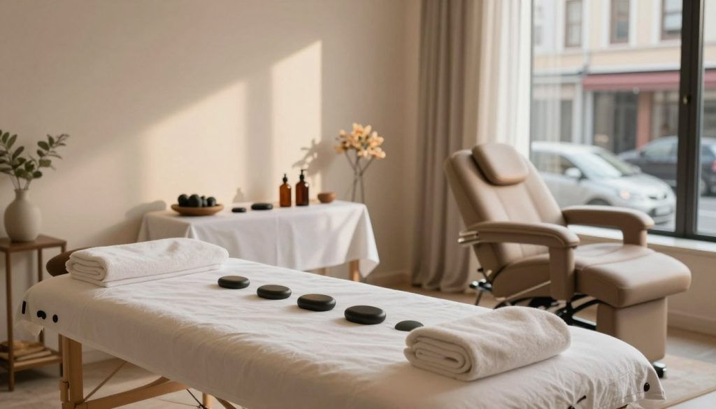 A serene and inviting massage therapy environment in Istanbul, featuring various massage types subtly represented through elegant, minimalistic decor. In the foreground, a plush massage table is set with soothing towels and aromatherapy oils, suggesting relaxation. The middle ground showcases different massage tools and techniques, like stones for hot stone therapy and a therapy chair for chair massages. The background features a calming view of a tranquil Istanbul street, with soft, diffused natural lighting filtering through large windows, casting gentle shadows. The overall mood is peaceful and inviting, exuding a sense of well-being and rejuvenation suitable for a professional massage setting. A serene and inviting massage therapy environment in Istanbul, featuring various massage types subtly represented through elegant, minimalistic decor. In the foreground, a plush massage table is set with soothing towels and aromatherapy oils, suggesting relaxation. The middle ground showcases different massage tools and techniques, like stones for hot stone therapy and a therapy chair for chair massages. The background features a calming view of a tranquil Istanbul street, with soft, diffused natural lighting filtering through large windows, casting gentle shadows. The overall mood is peaceful and inviting, exuding a sense of well-being and rejuvenation suitable for a professional massage setting.