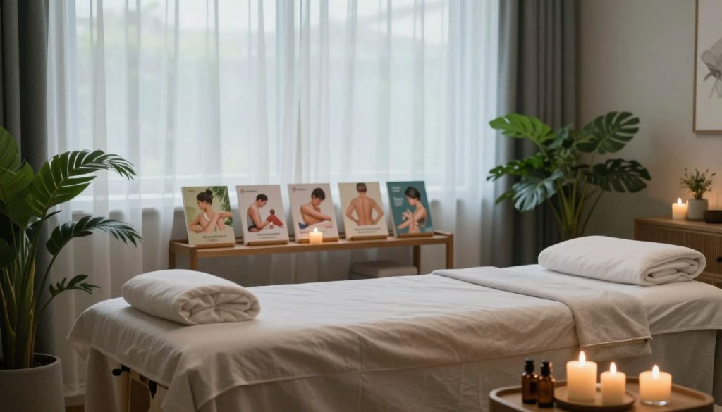 A serene and inviting massage therapy room, showcasing different types of massage setups. In the foreground, a comfortable massage table draped in soft, neutral linens, surrounded by soothing candles and essential oil bottles. In the middle, a wooden shelf displays visual aids illustrating various massage types: Swedish, deep tissue, aromatherapy, and reflexology, each represented by calming imagery. The background features a large window with sheer curtains, allowing soft, natural light to filter in, creating a tranquil atmosphere. Potted plants enhance the sense of relaxation, while a calming color palette of greens, blues, and muted earth tones contributes to the overall peaceful mood. The composition is well-balanced, inviting viewers to explore the possibilities of tailored massage experiences.
